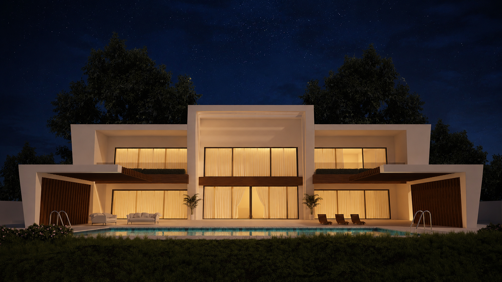 Modern house exterior at night with lights on